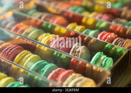 Closeup of colorful french macaron in showcase. Stock Photo