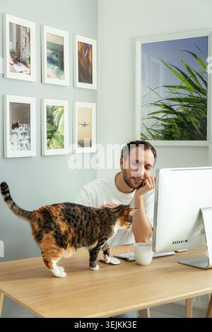Work from home on coronavirus epidemic lockdown: millennial man freelancer with cat in remote office Stock Photo