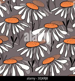 Seamless blooming floral pattern based on hand drawn art ornament. Colorful chamomile flowers, leaves, plants on color background. Vector illustration Stock Vector