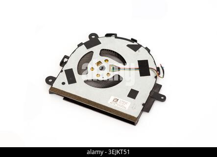 Laptop cooling fan isolated on white background, internal computer cooling component. Stock Photo