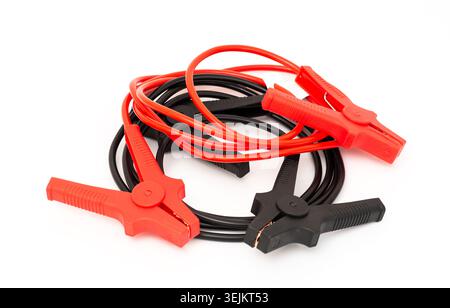 Jumper cables isolated on white background for car battery emergency charging. Stock Photo