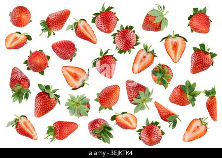 Fruit pattern of ripe fresh vivid red strawberries with green stems, closeup, isolated on white background. Whole, slices from d Stock Photo