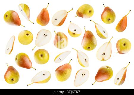 Fruit pattern of ripe fresh yellow pears with speckled red side, close up, isolated. Whole, halves from different sides, studio Stock Photo