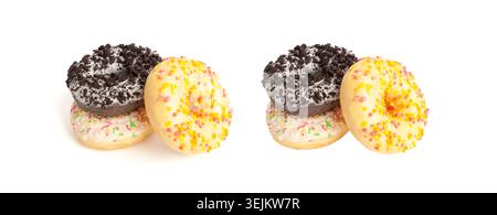 Doughnuts Pile Isolated, Chocolate Brown, Yellow and Pink Donuts, Donuts Stack with Multicolored Sprinkles, Doughnuts on White Background Stock Photo