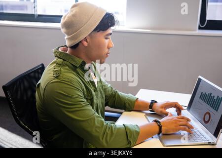 Man wearing beige beanie and olive shirt working on laptop showing charts at office desk. Workstation, graphs, display, modern, Stock Photo