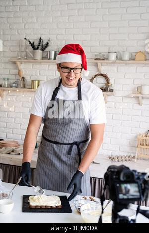 Chef cooking dessert making video for vlog Stock Photo