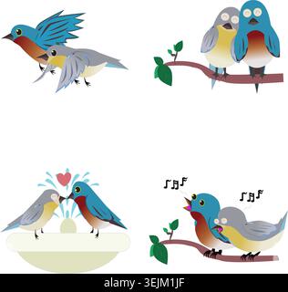 Bluebirds couple vector set in different actions including flying, standing together, flirting, and singing. Stock Vector