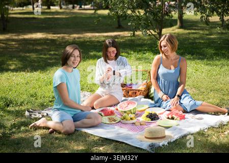 Girlfriends has fun spending time together. lifestyle. three woman friends communicate at a picnic in the summer in the park Stock Photo