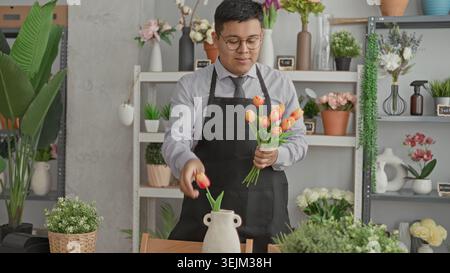 Man florist arranging orange tulips with hands into a ceramic vase in a studio setting, wearing apron and glasses; calm concentration. Stock Photo
