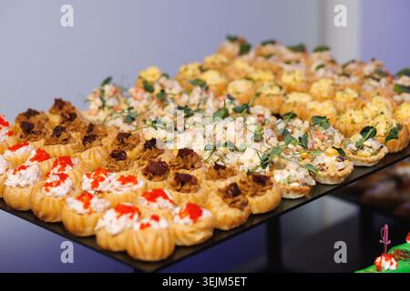 Assorted Catering Tartlets and Savory Cold Appetizers on Banquet Tray Stock Photo