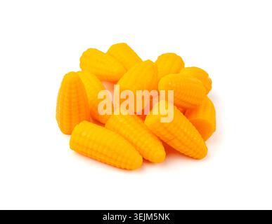Corn ear chews isolated, jelly milk chewable candies with corn flavor, Vietnamese yellow gummy candies on white background Stock Photo
