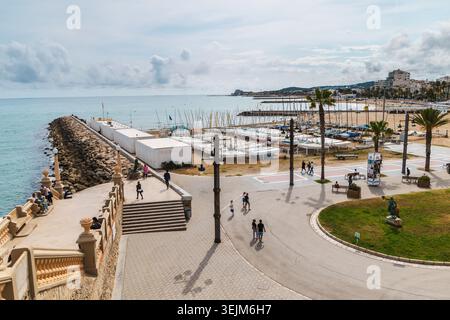 Sitges, Spain, 10 May 2026: Seafront promenade and sailing club marina in Sitges Spain Stock Photo