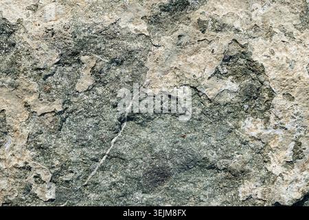 Close-up of Weathered Limestone Rock Face with Cracks and Lichen Texture Stock Photo