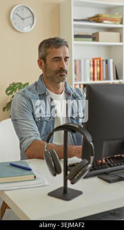 Man typing on computer at desk in building office, wearing denim jacket and white tshirt, headphones on stand and books on shelf; concentration remote Stock Photo