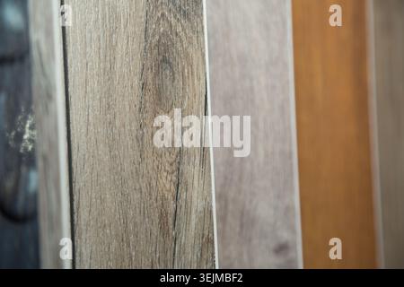 Exhibition display of various wooden flooring samples like parquet or laminate Stock Photo