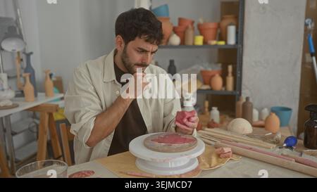 Man painting a small clay vase with a brush, hands stained and holding the piece, seated at a pottery wheel and workbench in a ceramics studio; creati Stock Photo