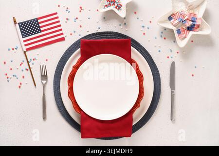 Table setting for Independence Day on white. Stock Photo