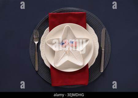 Table setting for Independence Day on blue. Stock Photo