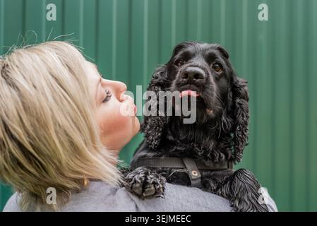 Young woman holding her cocker spaniel dog on green background outside Stock Photo