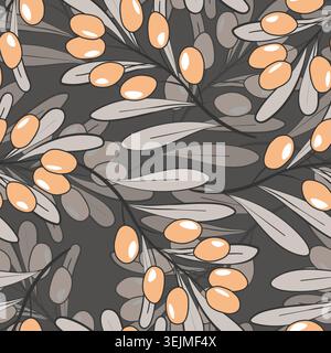 Seamless pattern with sea buckthorn. Natural fresh ripe tasty berries. Vector illustration for background, packaging, textile, fabric and various Stock Vector