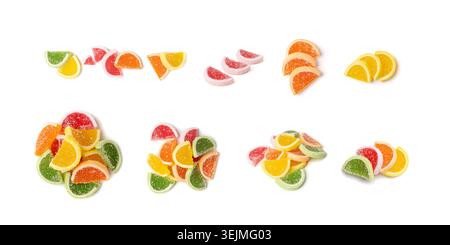 Fruit Marmalade Sweets Set Isolated, Lemon Slices Jelly, Colorful Sugar Citrus Marmalades, Lemon Wedges, Orange, Lime Slices Set on White Background Stock Photo