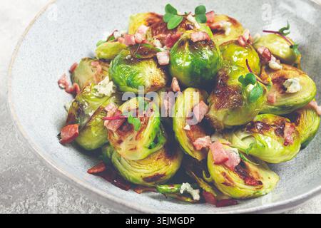 Roasted brussels sprouts, with bacon, vegetarian food, homemade, no people, Stock Photo