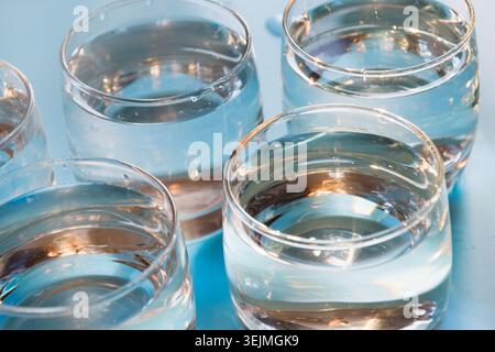 Glass of water on pastel blue. Close up. Water balance for healthy. Stock Photo
