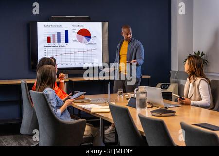 Diverse team seeing African American man in casual presenting data on screen in office, copy space. Boardroom, charts, analytics, collaboration, moder Stock Photo