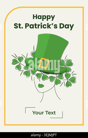 Happy St. Patrick Day Vertical poster or promo card Template with Hand drawn girl in hat with clover. Vector illustration Invite, event branding, stationery products and vector illustration publishing Stock Vector
