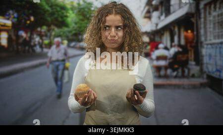 Woman with curly hair holding two muffins in both hands, wearing apron, comparing flavors while making a pensive face on a busy street; uncertainty ch Stock Photo