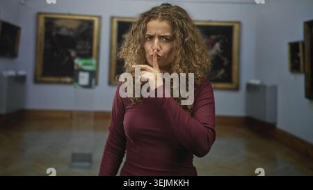 Woman with curly hair pressing finger to lips shushing in gallery building, burgundy top and framed paintings visible; quiet reflection. Stock Photo