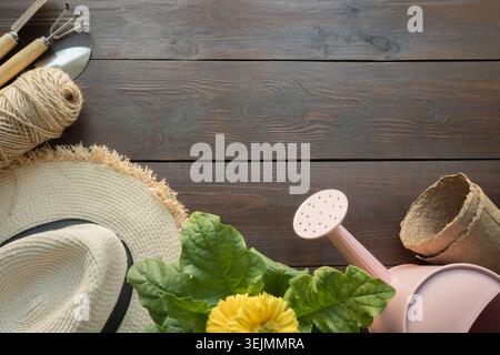 Gardening tools, flowers and soil on wooden table. Spring and work in garden Stock Photo
