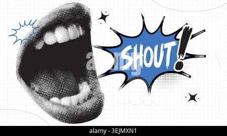 Pop Art Halftone Close-Up of Shouting Mouth with Comic Book Speech Bubble Stock Vector