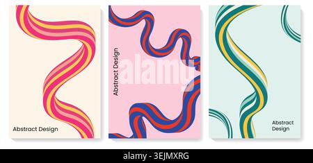 Abstract Wavy Ribbon Stripe Cover Design Set in Bold Color Variations Stock Vector