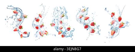Fresh strawberries and water splashes in air on white background, set Stock Photo