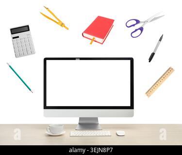 Web design tools flying around computer. Creative designer workspace Stock Photo