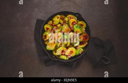 Roasted brussels sprouts, with bacon, vegetarian food, homemade, no people, Stock Photo