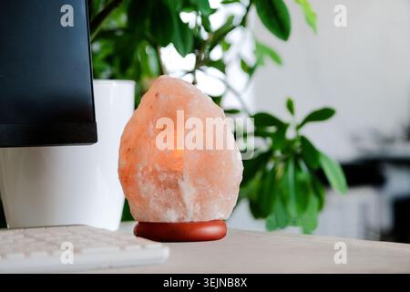 Beautiful Himalayan salt lamp and green houseplant on white working desk in the office or living room Stock Photo
