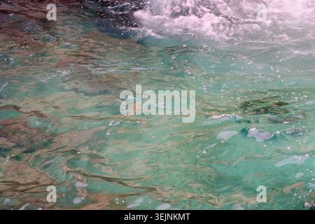 Crystal Clear Turquoise Water Surface with Ripples and Splash Background. Stock Photo
