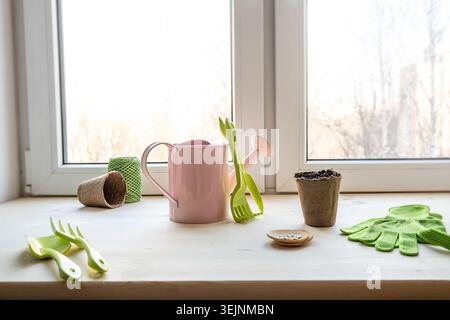 Gardening Tools And Seedlings On Windowsill At Home Stock Photo