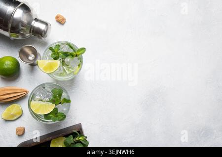 Mojito Cocktail Ingredients and tools on light table. View from above. Stock Photo