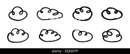 Hand-drawn crayon doodles clouds. Chalk-style sketches of black outline clouds isolated on white background Stock Vector