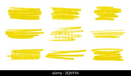 Set of yellow marker highlights and lines. Hand-drawn underlines, marks and strokes isolated on white background Stock Vector