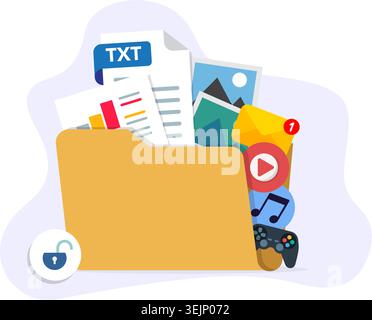 Secure folder containing various digital files like documents, media, and games for data Stock Illustration. Stock Vector