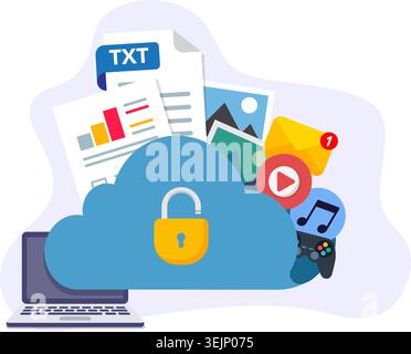Cloud computing storage concept with digital file management and secure data backup services. Stock Illustration. Stock Vector