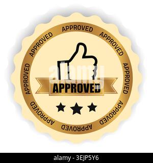 Approved thumbs up emblem of a light beige color with golden and black elements. Vector design Stock Vector
