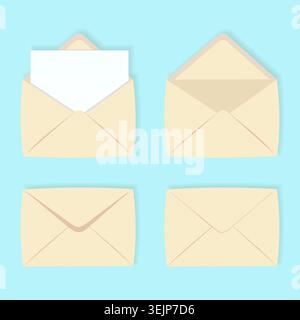 Vector set of paper envelopes in different positions. Folded and unfolded envelopes. Graphic design. Stock Vector