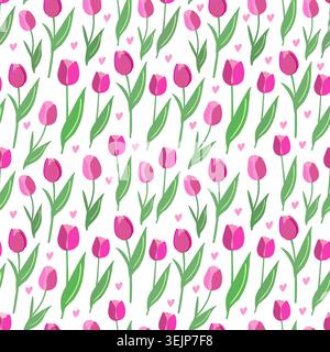 Pink tulips and tiny hearts seamless pattern on white background. Vector design. Stock Vector