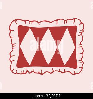 Hand drawn vector illustration of a rectangular decorative pillow with ruffle edges and three white diamond shapes on a red background. Simple cozy Stock Vector