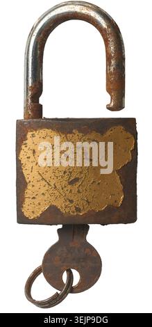old open rusty metal padlock with inserted key isolated white background, peeling gold paint close-up view Stock Photo